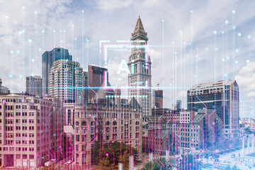 Boston downtown skyline with futuristic holographic overlays, representing technology and business concepts on a cloudy sky background. Double exposure