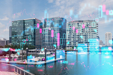 Holographic overlay of futuristic digital graphics on a city waterfront with buildings, boats, and...