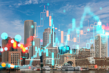 Boston cityscape with a hologram of financial charts overlaying, representing a concept of future technology and business in a downtown center. Double exposure