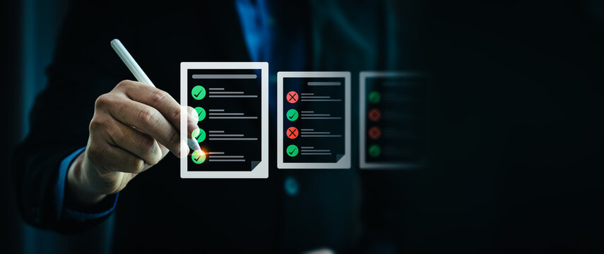 Business performance checklist, businessman using laptop doing online checklist survey, Check marks on checklist and Filling online form or answering questions. evaluation, online survey, online exam.