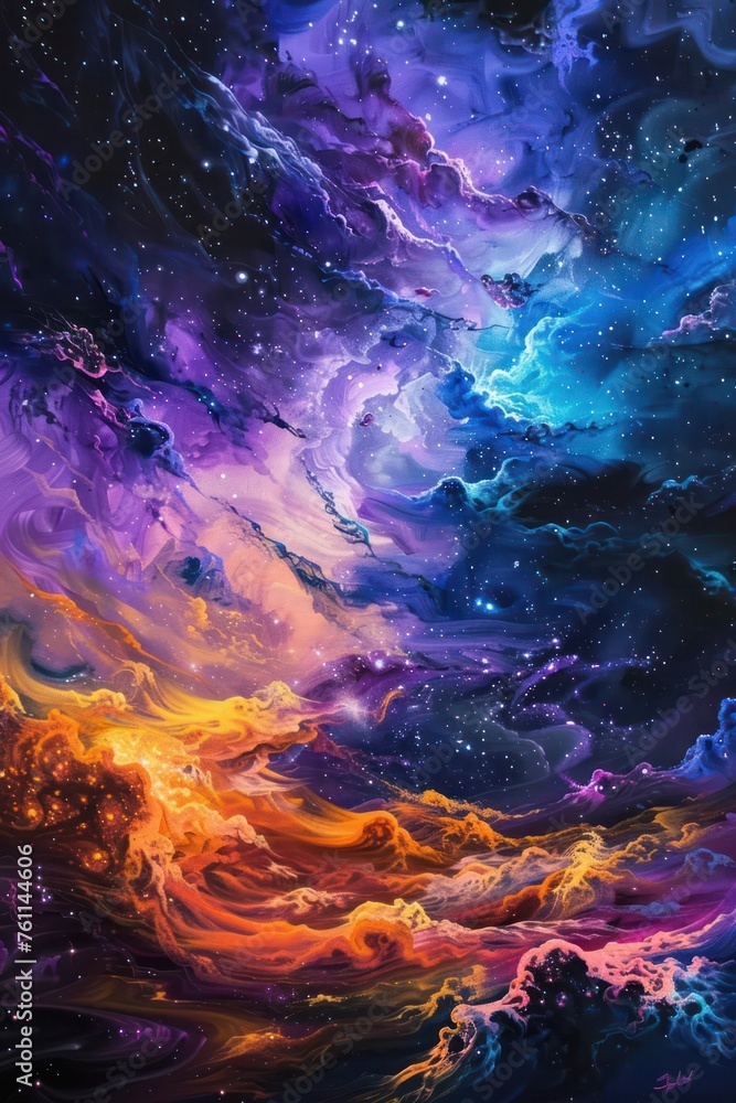 Aufkleber abstract painting portrays a surrealistic interpretation of a galactic space scene with swirling col