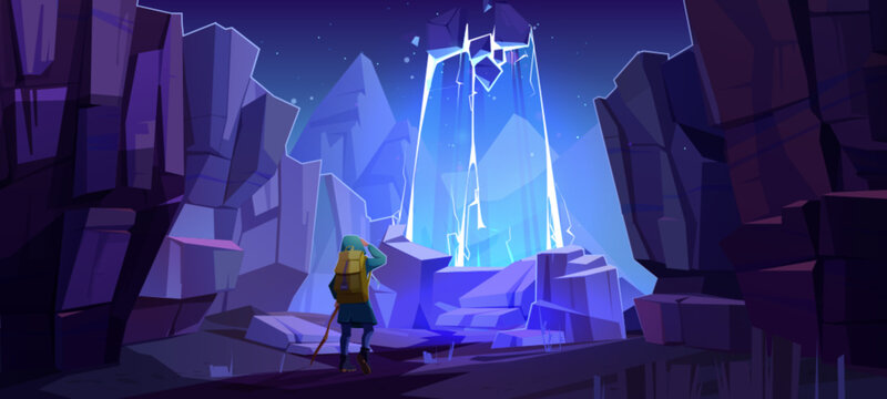 Traveler looking at neon light glowing through cracked cliff wall. Vector cartoon illustration of night rocky mountain landscape, huge stones around man with backpack, magic portal to fantasy world