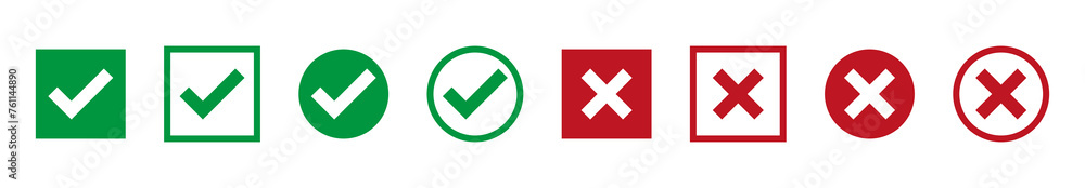 Aufkleber check mark icon button set. check box icon with right and wrong buttons and yes or no checkmark icons in green tick box and red cross. vector illustration