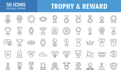 Trophy and reward icon set. Containing as award, medal, winner, prize, and more. Editable Stroke. Vector illustration