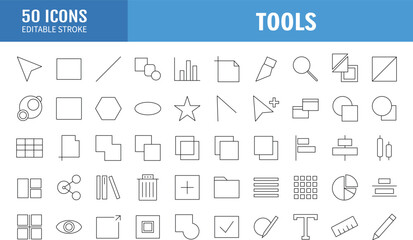 Set of thin line icons of graphic design. Simple linear icons in a modern style flat, Creative Process. Graphic design, creative package, stationary, software and more