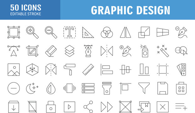Set of thin line icons of graphic design. Simple linear icons in a modern style flat, Creative Process. Graphic design, creative package, stationary, software and more