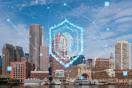 Boston cityscape with a digital fingerprint hologram overlay, representing security technology in a future metropolis. Double exposure