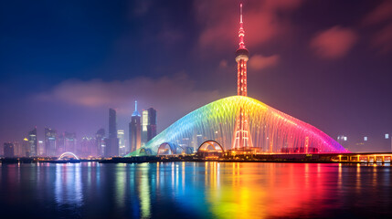 Rainbow Illumination of GZ Canton Tower Dominating the Twilight Skyline in Guangzhou, China - obrazy, fototapety, plakaty