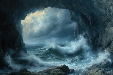 A painting depicting a majestic cave standing tall in the middle of the ocean, amidst crashing waves, A sea storm viewed from the safety of a cave, AI Generated - obrazy, fototapety, plakaty