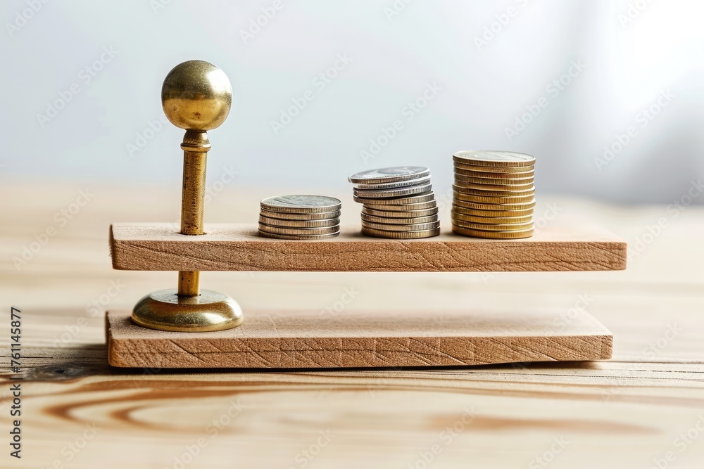 Poster a stack of coins sits atop a wooden table, creating a visual representation of wealth and value, a s