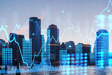 Cityscape with futuristic holographic financial graphs overlaid, digital art style, at twilight. Finance and technology concept. Double exposure