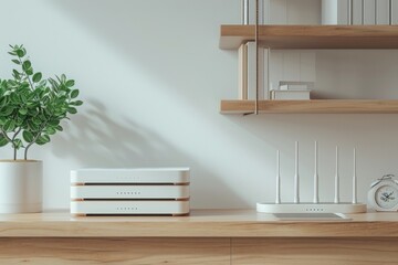 A white box is placed on top of a wooden shelf, creating a simple yet functional storage solution, A sequencing of routers displayed in a minimalistic manner, AI Generated - obrazy, fototapety, plakaty