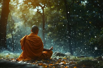 A serene monk in traditional attire sits in a tranquil forest, meditating with closed eyes, A serene Buddhist monk meditating in a quiet forest, AI Generated