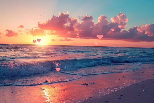 A photo of the sun setting over the ocean, with heart-shaped clouds scattered across the sky, A serene beach setting at sunset with hearts in the sky, AI Generated