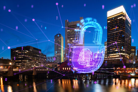 A cityscape of Boston at night with a holographic fingerprint lock and digital connections overlay. Photomontage and security concept. Double exposure