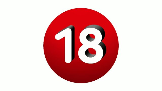 3D Number 18 eighteen sign symbol animation motion graphics icon on red sphere on white background,cartoon video number for video elements