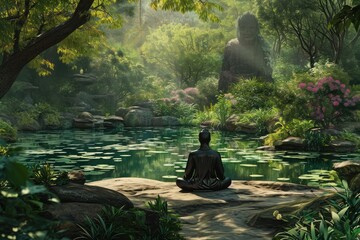 A person dressed in outdoor attire sits on a moss-covered rock, surrounded by tall trees and lush greenery in the middle of a forest, A serene meditation scene amidst lush greenery, AI Generated
