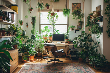 Fototapeta na wymiar This photo showcases a room adorned with numerous plants and a dedicated computer desk, A serene office space with plenty of indoor plants, AI Generated