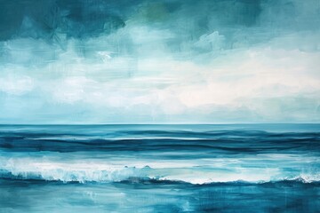 A realistic painting showcasing a vast expanse of ocean, with crashing waves and a distant horizon, A serene seascape with a blend of turquoise and indigo creating a calming effect, AI Generated - 761146404