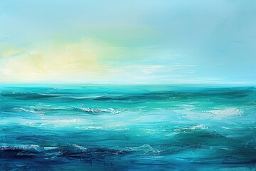 A Painting of a Majestic Ocean Horizon at Sunset, A serene seascape with a blend of turquoise and indigo creating a calming effect, AI Generated