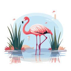 A graceful flamingo illustration wading in shallow