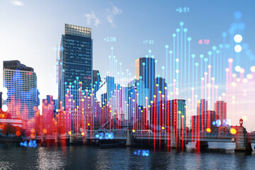 Boston cityscape with superimposed financial graph hologram, real estate and stock market concept. Double exposure