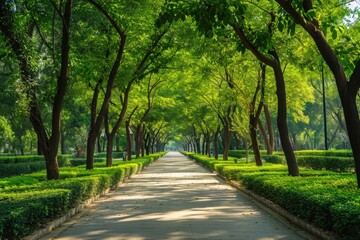 Fototapeta na wymiar A paved pathway runs through a park, bordered by tall trees and neatly trimmed hedges, A serene tree-lined walkway in a tranquil city park, AI Generated