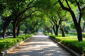 Fototapeta na wymiar A stroll along a tree-lined walkway in a lush green park, A serene tree-lined walkway in a tranquil city park, AI Generated