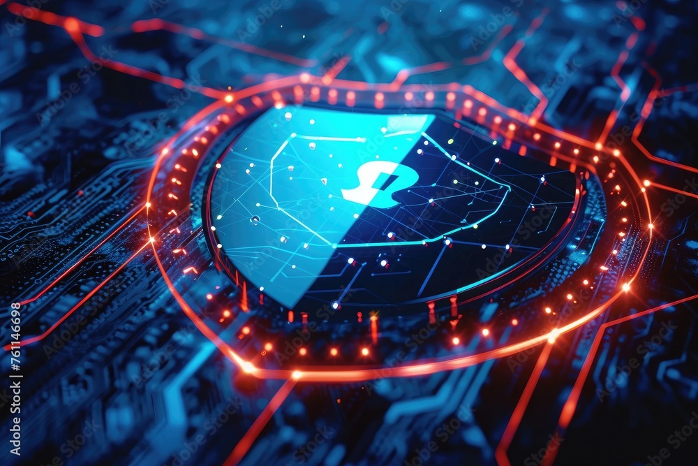 Poster apple logo on circuit board, a shield representing the security aspect of blockchain technology, ai 
