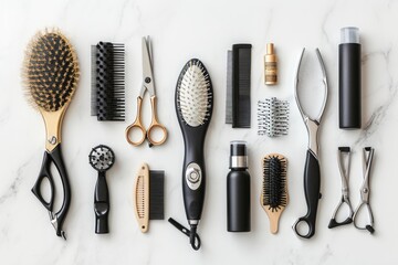 Different types of hair brushes and combs neatly arranged together on a clean surface, A set of professional hairdressing tools arranged neatly, AI Generated