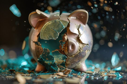 A broken piggy bank is seen sitting on top of a table, A shattered piggy bank under the weight of a giant coin depicting financial crush by inflation, AI Generated