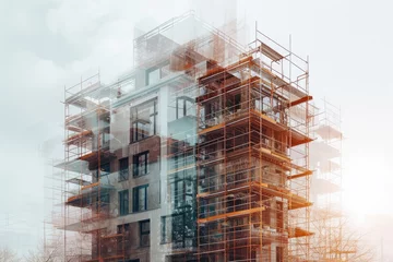 Fotobehang Renovation of a Large Building With Scaffolding, A side-by-side comparison of architectural design and build progress using a double exposure effect, AI Generated © Iftikhar alam