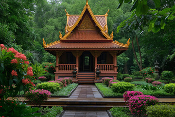 Fototapeta premium A serene and elegant scene with a blend of Thai architectural elements. traditional thai temple