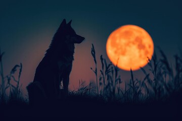 A dog sits in the grass, with a full moon shining brightly in the background, A silhouette of a lone wolf against the moon, AI Generated