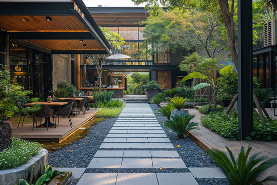 The created image combines the tranquility and architectural beauty of a traditional resort. Surrounded by lush nature. wood and stone structures Reflecting modern Asian feelings