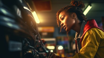 A young black woman, a professional mechanic in uniform, inspecting and repairing a car and tire at an auto repair shop in the evening. Business, Car service, maintenance concepts.