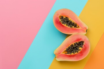 Two Halves of a Papaya on a Multicolored Background