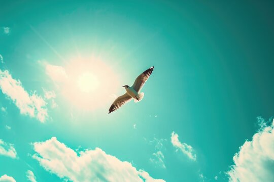 A bird gracefully flies through a clear blue sky with fluffy white clouds, A single bird flying in the sky, AI Generated