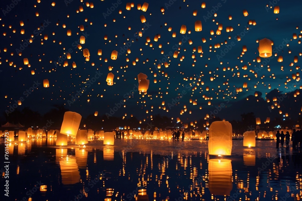 Poster a large number of lanterns are seen floating in the air, creating a mesmerizing spectacle at night, 
