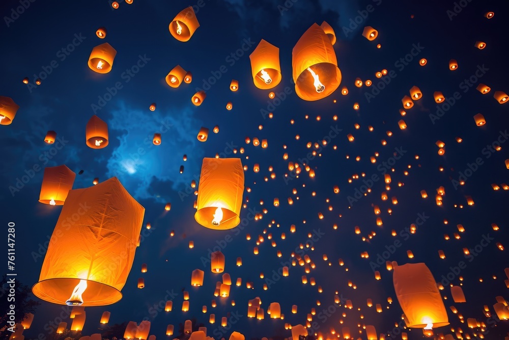 Poster a large number of lanterns gracefully float in the night sky, creating a mesmerizing sight, a sky fi