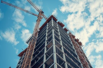 A photograph of a tall building in the process of being constructed, set against a backdrop of a cloudy blue sky, A skyscraper being built with prefabricated components, AI Generated