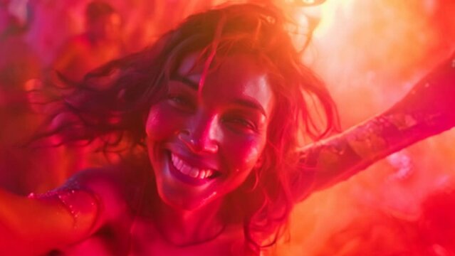 A jovial Indian girl enjoying Holi with crowds of people amidst a powder cloud of colorful powder.