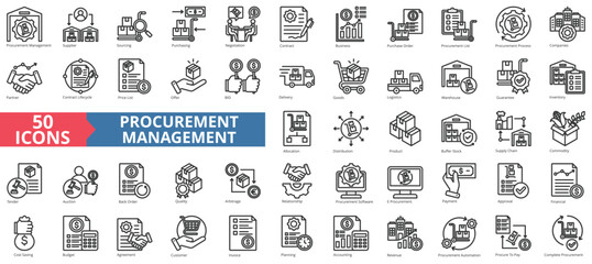 Procurement management icon collection set. Containing supplier, sourcing, purchasing, negotiation, contract, business, purchase order icon. Simple line vector