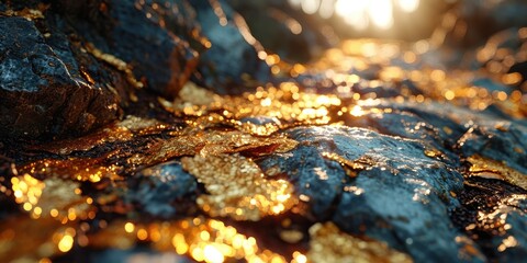 The picture of nature that focused to the gold leaf from tree in the forrest that stay on ground and got illuminated with the bright light of sunlight in the summer or spring time of the year. AIGX03.