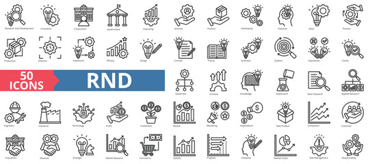 RND icon collection set. Containing research and development, innovative, corporation, government, improving, services, product icon. Simple line vector - obrazy, fototapety, plakaty