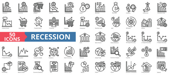 Recession icon collection set. Containing economic, inflation, decline, unemployment, debt, business, bankrupt icon. Simple line vector - obrazy, fototapety, plakaty