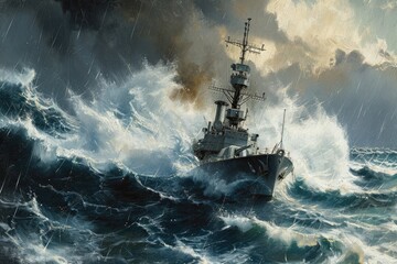 A painting depicting a ship navigating through raging waves and turbulent weather conditions, A small but sturdy naval frigate moving in convoy through rough stormy seas, AI Generated - obrazy, fototapety, plakaty