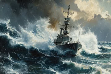 Fotobehang A painting depicting a ship navigating through raging waves and turbulent weather conditions, A small but sturdy naval frigate moving in convoy through rough stormy seas, AI Generated © Iftikhar alam