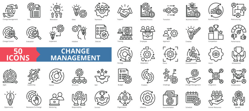 Change management icon collection set. Containing plan ,motivation ,idea, teamwork, support, business process, transition icon. Simple line vector