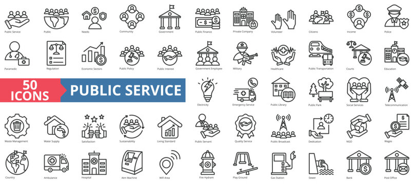 Public service icon collection set. Containing policy, needs, community, government employee, public finance, interest, volunteer icon. Simple line vector